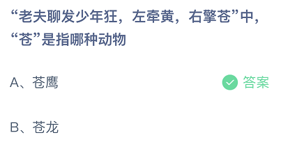 老夫聊发少年狂，左牵黄，右擎苍中,苍是指哪种动物