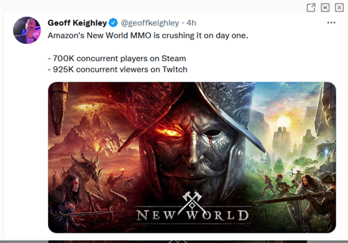 亚马逊《新世界》Steam玩家数峰值70万