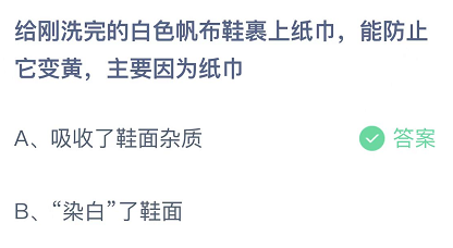 给刚洗完的白色帆布鞋裹上纸巾，能防止它变黄，主要因为纸巾