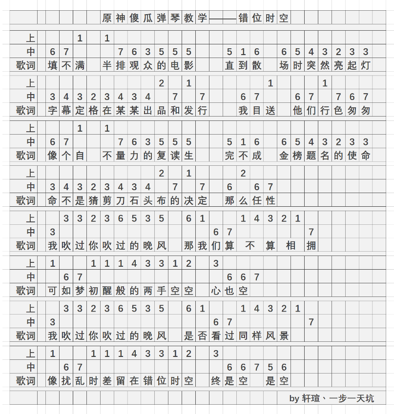 原神错位时空琴谱